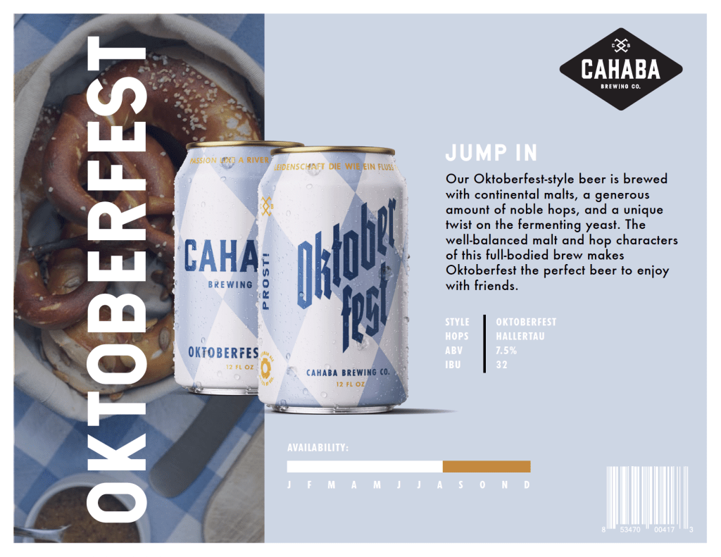 Two cans of Cahaba Brewing Co. Oktoberfest beer next to a pretzel with promotional text
